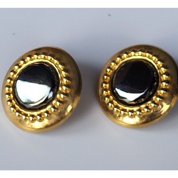 Vintage 80s Round Hematite Stone Set in Goldtone Metal Base Post Stud Back 1" - Picture 1 of 5